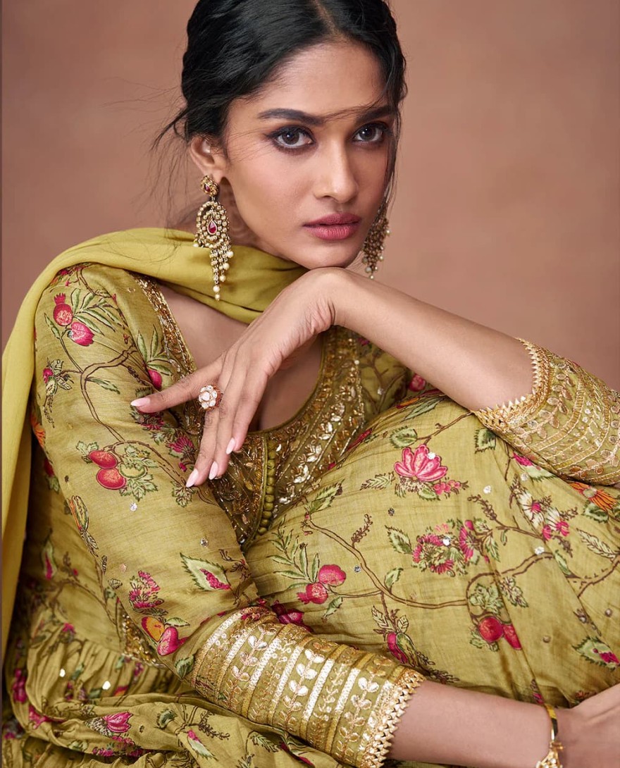 5303 - Mehendi Green Floral Printed Organza Silk Anarkali Suit with Embroidery work